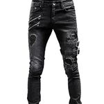 Mens Ripped Jeans Stretch Washed Distressed Tapered Leg Denim Pants Zipper Deco Buckle Strap Hip Hop Gothic Punk Slim Skinny-Fit Motocycle Biker Jeans