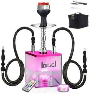 Hookah Set 2 Hose Hookahs Shisha with Everything Modern Cube Hookahs Acrylic Hookah LED Hooka with Hookah Bowl Hookah Tongs (Pink-RE7)