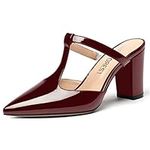 SHOWFOREST Women's Pointed Toe Slip On T Strap Wedding Patent Dress Block High Heel Pumps Sandals Shoes 3.3 Inch, Burgundy, 7