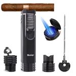 All-in-one Torch Cigar Lighter with Triple Flame, Cigar Punch, Cigar Poker, Cigar Holder, Gas Window, Luxurious Gifts for Men, Refillable Windproof Butane Lighters for Smoking, Candles, BBQ.