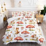 XYNHML Kid Mushroom Squirrel Comforter Set Queen 3Pc Kawaii Mushroom Squirrel Bedding Set All Season with Fallen Leaves,Grass Decoration Includes 1 Comforter, 2 Pillowcases for Kids Girls Teens