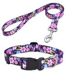 Mihqy Dog Collar and Lead Set with Bohemia Floral Tribal Geometric Patterns - Soft Ethnic Style Collar Adjustable for Small Medium Large Dogs(Pink Floral Set,M)