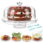 MASTERTOP Cake Stands with Dome Lid, 6 in 1 Multi-functional Cake Serving Platter Snack Fruit Server, Salad Punch Bowl for Kitchen, Party, BBQ, Picnic, Send 2pcs Spoons - Clear