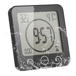 ALLOMN Bathroom Clock, LCD Digital Shower Clock Alarm Waterproof Touch Control ℃/℉ Temperature Humidity, Count Down Timer, 3 Mounting Methods, Battery Power (Black)