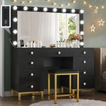 DWVO Makeup Vanity Set with Lighted Mirror, Power Outlet and 14 Lights, Vanity Desk with 9 Drawers, 3 Color Modes Available for Bedroom, Black 46inches