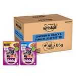 Whiskas Kitten (2-12 Months) Wet Cat Food, Tuna in Jelly, 24 Pouches (24 X 85G) & Chicken in Gravy, 24 Pouches (24 X 85G), 1 Count