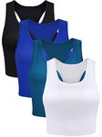 BOAO 4 Pieces Basic Crop Tank Tops Sleeveless Racerback Crop Sport Top for Women, Black, White, Peacock Blue, Royal Blue, M