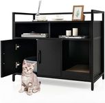 GYMAX Hidden Cat Litter Box Enclosure, Wooden Kitty Washroom Storage Cabinet Nightstand Side Table with Scratching Board and Shelves, Cat House Pet Crate for Kitten & Large Cat (Black)