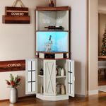 YITAHOME 72" Farmhouse Corner Bar Cabinet with LED Lights & Glass Door, Wine Cabinet with Glass Holder, 6-Tiers Liquor Bar Cabinet for Home Kitchen & Living Room, White