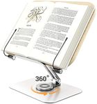 Book Stand for Reading, Adjustable Holder with 360° Rotating Base & Page Clips, Foldable Desktop Ricer for Cookbook, Sheet Music, Laptop, Recipe, Textbook, Hands Free, Wood, Aluminium