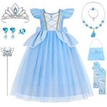 Princess Costumes for Girls, Cinderella Dress Up for Girls with Crown Fairy Wand Necklace Sets, Cinderella Princess Dress Long Skirt, Kids Fancy Dress for Carnival Party Bridesmaid Cosplay (B, 110)