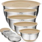 Belwares Mixing Bowls with Lids Set of 5 - Nesting Bowls with Airtight Lids and Graters - Stainless Steel Non-Slip Mixing Bowl for Baking, Food Storage and Prepping (Khaki)