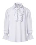 Men's Retro Renaissance Steampunk Victorian Long Sleeve Jabot Collar Medieval Pirate Lace Up Shirt Tops-White-XXL