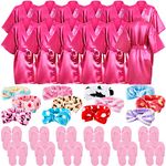 Xuhal 36 Pcs Spa Party Supplies for Girls 12 Kimono Robe V Neck Bathrobe 12 Soft Spa Headband 12 Disposable Foam Slippers (Rose Red, Size 12)