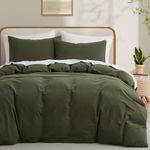 LOVQUE Olive Green Cotton Duvet Cover Queen Size, Linen Like Natural Bedding Set with Zipper Closure (No Comforter), 90x90 Inches