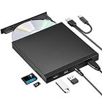ROOFULL External CD DVD +/-RW Drive, USB 3.0 CD Burner DVD Player Writer Adapter with USB Ports and SD Card Reader, Portable Optical Disc Drive for Laptop PC Desktop, Mac, Windows 11/10/8/7, Linux OS