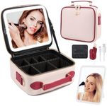 GERYUAEG Travel Makeup Bag with Mirror of LED Lighted, Rechargeable Cosmetic Train Case Artist Makeup Organizer for Women with Adjustable Dividers, Makeup Brushes Holder and Strap (White)