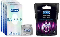 Durex Invisible Super Ultra Thin Condoms For Men 10 Count|Pack Of 3| Suitable For Use With Lubes & Toys, White & Play Vibrating Ring For Extra Pleasure For Women,Pack Of 1