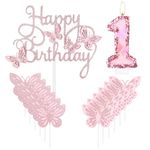 Happy 1st Butterfly Birthday Candle Pink Number 1 Candle with Glitter Butterfly Cake Cupcake Topper for Girls First Birthday Decorations Girls Pink Butterfly Theme for 1st Butterfly Birthday Candles