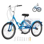 VEVOR Folding Adult Tricycle, 24-Inch 7-Speed Adult Folding Trikes, Carbon Steel 3 Wheel Cruiser Bike with Basket & Adjustable Seat, Shopping Picnic Foldable Tricycles for Women, Men, Seniors (Blue)