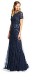 Adrianna Papell Women's Short-Sleeve Grid Beaded Gown, Navy, 10