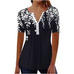 AMhomely Women Shirts Blouse Sale Clearance Elegant Vinatge Button Blouse Floral Print Tunic Tops Short Sleeve V Neck Teen Lightweight Breathable Sportawear Activewear Undershirts, Black 4, 3XL