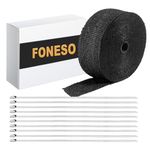 Foneso 2in x 16.5ft Black Roll Exhaust Heat Wrap Roll, Fiberglass Heat Shield Tape with Stainless Steel Ties for Car Motorcycle Auto(1 Roll + 10 Metal Zip Ties)