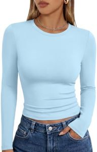 Trendy Queen Womens Long Sleeve Shirts Basic Crop Tops Tight Slim Fit Cute Teen Girls Fall Winter Y2k Clothes Baby Blue XL