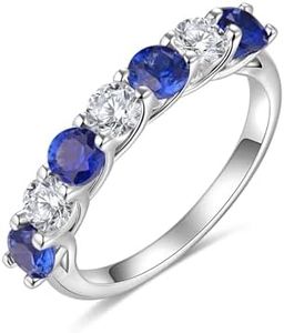 FWM 925 Sterling Silver Blue Sapphire and White Birthstone Ring for Women 7 Stone Moissanite Eternity Wedding Band Size 7
