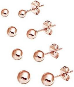 4 Pair Set of Round Ball Stud Earrings In Not Hollow, 14k Rose Gold Plated Solid Sterling Silver 3MM - 6MM