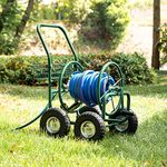 Glitzhome Garden Hose Reel Cart with Wheels, 250-Feet 5/8" Hose, Industrial Water Hose Reel for Outside Garden Lawn Yard, Green Water Hose Reel Cart Aluminum Portable Hose Reel with Baskets