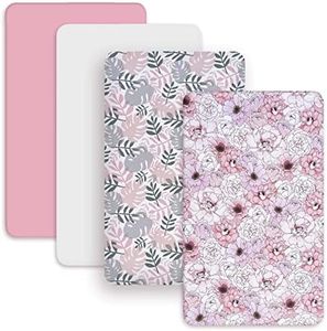 AMROSE 4 Pack Heavenly Soft Mini Crib Sheets, Microfiber Pack N Play Sheets Set for Baby Girls, Silk Touch Gentle Playard Sheet Portable Crib Sheet, Floral & Leaf