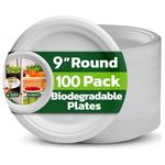 Ask Packaging Strong Paper Plates (9 Inch - 100 Pack) 100% Compostable Disposable Bagasse Plates - Heavy Duty Eco-Friendly Biodegradable Sugarcane Plate for Parties – Microwave & Freezer Safe