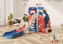 Babytronic Toddler Slide, 6 in 1 Kids Indoor Slide for Toddlers 1-3, Baby Slide for Indoor Outdoor with Basketball Hoop and Telescope, L Shaped Slide for Kids Toddler Slide Playset (Blue&Red)