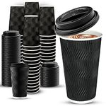 Ginkgo 100 Pack 16 oz Disposable Insulated Coffee Cups with Lids, Paper to-Go Coffee Cups for Coffee Bars, Hot Chocolate, Cocoa, and Hot Tea Drinks - Black