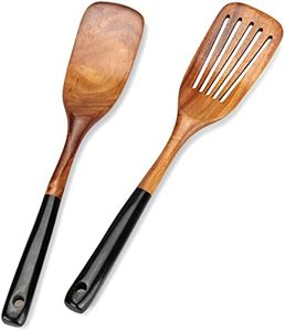 2 Pcs Best Wooden Spatula Set for Cooking Kitchen Slotted Turner Spatula Flat Wood Wok Spatula Non Stick Cooking Utensils for Frying Mixing Teak Fish Spatula Turner Black Egg Flipper Spatulas