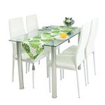 Joolihome Dining Table and Chairs Set 4, 75cm Glass Kitchen Table with 4 Faux Leather Upholstered Metal Chairs Modern Dining Room Sets, White