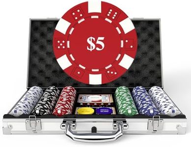 Poker Set with Denominations, 300-pc 11.5g Weighted Numbered Chips, 5 Dice, 2 Decks with Compact Aluminum Case for Texas Hold'em, Blackjack, Age 8 and Plus