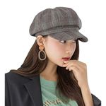 iSWEVEN French Beret Cap | Beret Fashion Street Wear Newsboy Cap Vintage Cotton All Season Hat Plaid Design Baker Boy Hat (8102F, Grey)