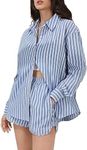 Verdusa Women's 2 Piece Outfits Striped Print Button Down Blouse and Boxer Shorts Set Blue and White XS