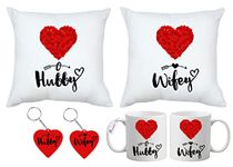 waohhARTZ Marriage Gift for Friend, Gift for Marriage Couple, Hubby Wifey Mugs Day, 2 Ceramic Coffee Mugs, 2 Wooden Keychain, 2 Cushion Cover (12"x12"), 2 Fillers (Mug_Cushion_KC)