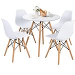 Giantex 5-Piece Dining Table Set, Modern Round Dining Table & 4 DSW Chairs W/Solid Wood Legs, Dining Room Set, Farmhouse Home Furniture for Kitchen Restaurant, Dining Table Set for 4, White