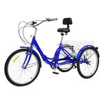 Esyogen Tricycle Adults 24 Inch Foldable 3 Wheels 7 Speeds Bicycle Tricycle for Adults, Seniors, Women, Men Cruiser Bikes with Shopping Basket (Blue)