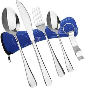 5 en 1 Juego de Cubiertos Camping Llevar Set Acero Inoxidable Tenedor Cuchara Cuchillo Abrebotella con Bolsa Portatiles para Acampar,Picnic,Trabajo,Exterior,Excursionismo,Festivales y Viajes