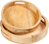 Insight Arts Solid Wood Round Tray Tea & Coffee Table Decorative Serving Tray Food Storage Platters for Serving Beverages & Food on Bar Living Room Home DiningTable with Cutout Handles (Set of 2)