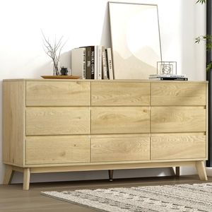 Artiss Chest of Drawers with 9 Drawer, Oak Wood Dresser Tallboy Storage Cabinet Board Side Tables Desk