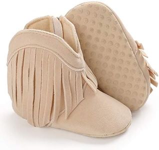 SOFMUO Baby Girls Cowboy Tassel Boots with Side Zipper Moccasins Non Slip Infant Booties Suede Toddler First Walker Shoes, Beige, 6-12 Months Infant