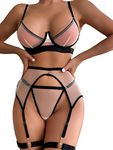 Lilosy Sexy Floral Embroidery Mesh Sheer Underwire Push Up Garter Belt Lingerie Set 3 Piece, Black, XS