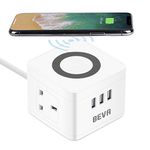 Cube Extension Lead with USB Ports, 2 Way Power Strip + 3 USB Slots with wireless charger, BEVA UK Power Socket Desktop charging station, 1.5M Extension Cords for Home, Office, Travel - White