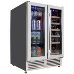 Koolatron 24 In Built-In Dual Zone Under-Counter Front-Venting French Door Wine and Beverage Fridge w/Lock, 56 Can and 18 Bottle Capacity, Digital Controls, Stainless Steel Door Frame Wine Cooler